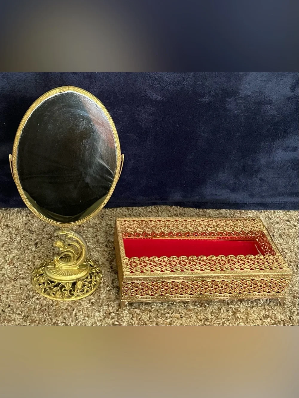 Vintage Gold-Tone Vanity Mirror & Filigree Tissue Holder Hollywood Regency Style